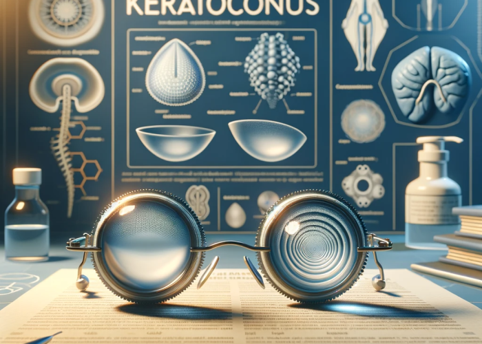 DALL·E 2023-11-10 14.23.06 - Image representing special lenses for keratoconus, depicting a pair of these specialized lenses with an informative backdrop explaining their use in k