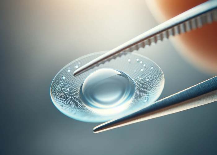 DALL·E 2023-11-10 14.25.48 - Image of a close-up view of a contact lens being held by a pair of tweezers, symbolizing the precise application of contact lenses. The focus is on th
